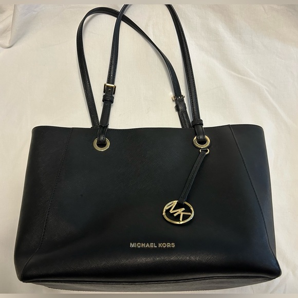 Michael Kors Black Gold Tote Handbag Women’s Purse Leather Walsh Mk Zipper - Picture 3 of 15